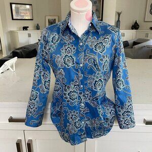 Chaps No Iron 3/4 Slv Button Down 100% Cotton Paisley Shirt Blue White Sz S